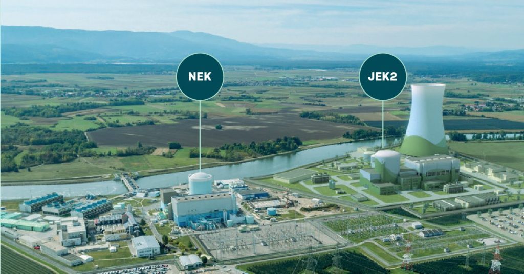 Slika: Vizualizacija JEK2 (desno), obstoječa Nuklearna elektrarna Krško (levo)